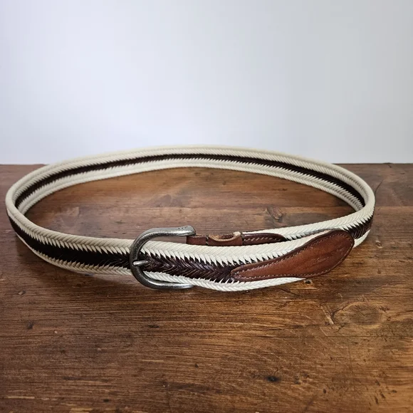 Tommy Bahama Brown Leather and Cream Cord Woven Belt Mens L 38-40 - Picture 10 of 10